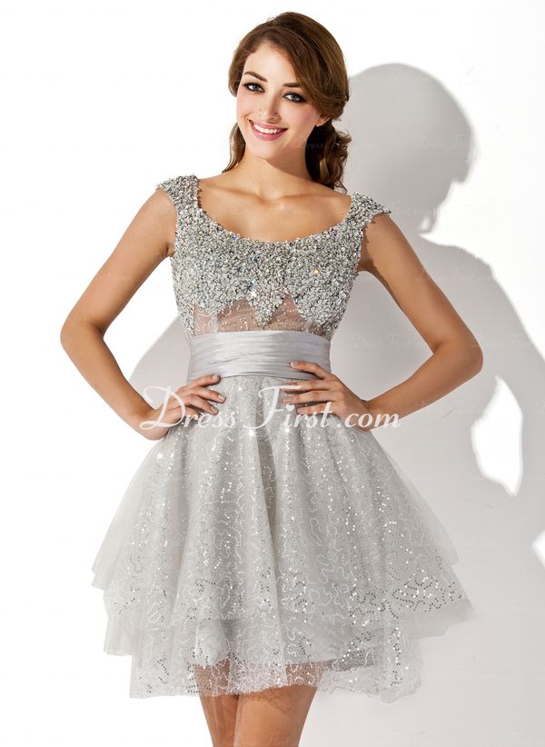 A-Line/Princess Scoop Neck Short/Mini Tulle Charmeuse Cocktail Dress With Ruffle Beading Sequins A-Line/Princess Scoop Neck Short/Mini Tulle Charmeuse Cocktail Dress With Ruffle Beading Sequins